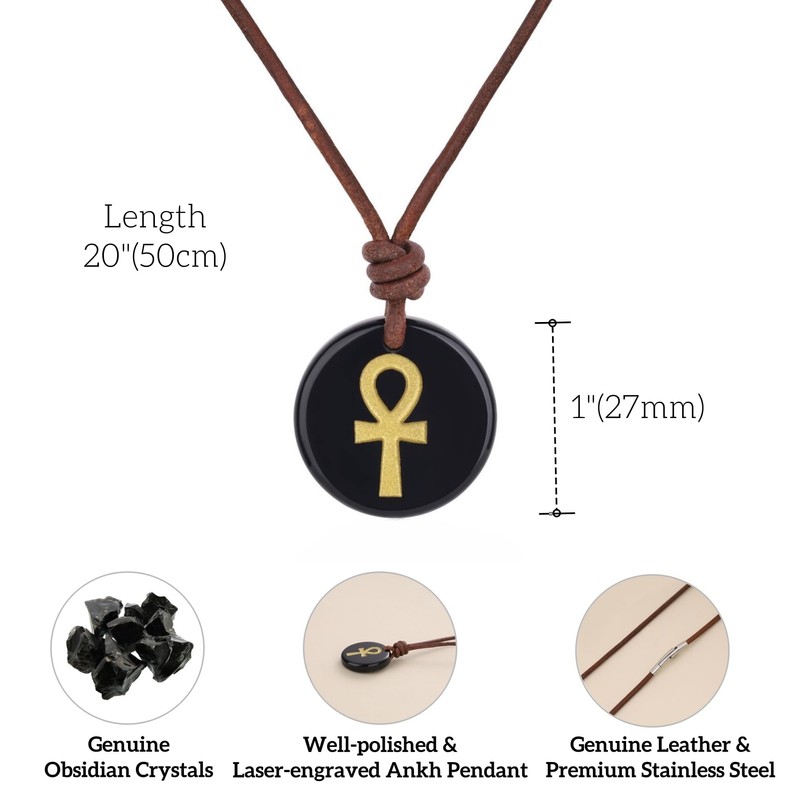COAI Black Obsidian Necklace for Men Women, Genuine Leather Ankh