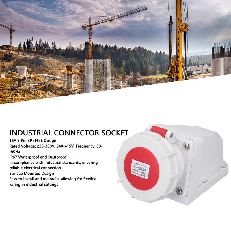 Industrial Connector Socket 16A 5 Pin 3P+N+E Surface Mount IP67