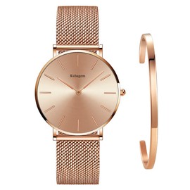 Kubagom Women's Watches Analogue Quartz Stainless Steel Waterproof Mesh Ultra Thin Set with Bangle, Rose gold surface, rose gold bracelet, rose gold bangle 3