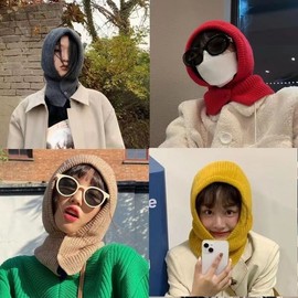 Korean Internet Celebrity Style Solid Color Hooded Balaclava Knitted Hood Bow Tie - Black 3ea