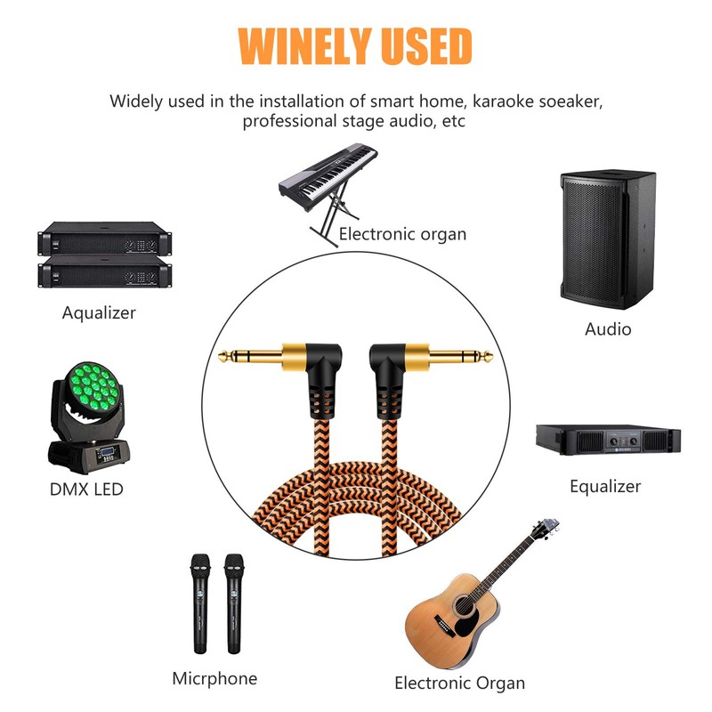 6.35mm Guitar Cable 2m, 1/4" TRS Cable Nylon Braided Multi