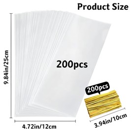 200 sacchetti trasparenti in cellophane da 25 x 12 cm, per biscotti, caramelle, piccoli sacchetti in cellophane, per matrimoni, compleanni, Pasqua, Natale, feste, con 200 fascette dorate