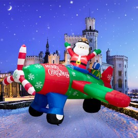 8FT Long Christmas Inflatable Santa Claus Plane Decoration,Airplane Santa Claus Pilot Blow up Outdoor Christmas Decorations for Yard Inflatables Christmas Cute Party Display with Lights Indoor Decor