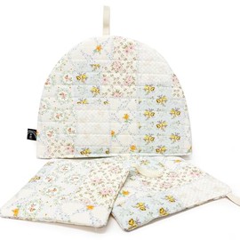 Kuai Tea Cozy Pot Mat, Set of 3, Tea Cozy Teapot Cover, Antique Scandinavian Style, Stylish, Flowers, Quilting, Retro, 10.6 x 8.7 inches (27 x 22 cm) (Flower Check)