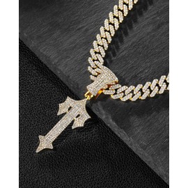 LuxeFlex Hip Hop Cross Sword Necklaces with 12MM 20" Miami Cuban Link Chain, Iced Out Diamond Initial T Pendant Necklace, Alphabet Letter Pendant Choker, Trendy Rapper Jewelry for Men Women,