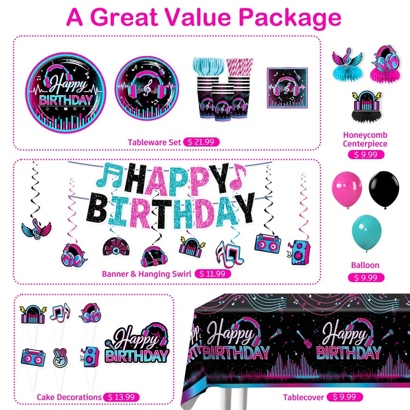 208PCS wellspar Karaoke Music Party Decorations Tableware Set, 25 Guests