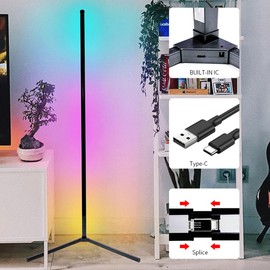 MEGHALI 56-Inch RGB Floor Lamp with Remote – Black Aluminum 10W Floor Lamp for Living Room, Modern LED Light