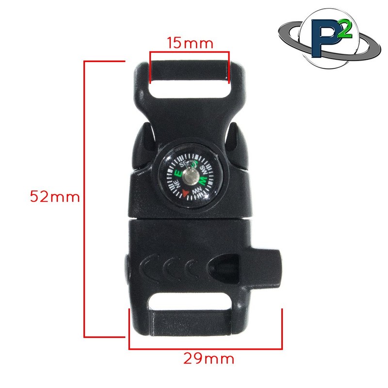 Black 5/8 Inch Compass Buckle with Flint Scraper, Fire Starter,