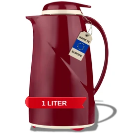 Helios Wave Push Thermos Flask Red 1 L - 6 Hours Hot - Keeps Drinks Warm & Cold - Easy One Hand Operation - Dishwasher Safe - Ergonomic Handle