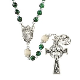 Irish Catholic Rosary, Green Glass Beads with Celtic Crucifix, St. Patrick Medal, 15.5 inches