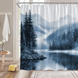 Blue Misty Forest Shower Curtain,Watercolor Mountain Lake Landscape Nature Polyester Bathroom Curtain with 12 Hooks,Bathtub Home Decor,70x70 Inch