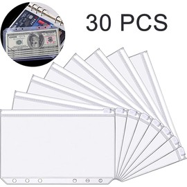 A6 Size 6 Holes Binder Pockets Binder Waterproof Zip Folder Plastic Collecting Sleeves Binder Pockets for Postcard Files Documents Notebooks Cards (Pack of 30)