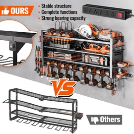 Heavy Duty Power Tool Organizer Wall Mount with Charging Station, Large Garage Organization with 10 cordless Drill Holder, 4 Layers Tool Organizers and Storage, Tool Rack with 6 Power Strip, Black