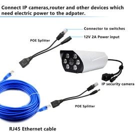 GELRHONR POE Injector and Splitter Kit, Passive POE Adapter Cable with 5.5 x 2.1 mm DC Connection for WiFi, Routers, Switches, Internet Telephony, IP Cameras, 2 Pairs