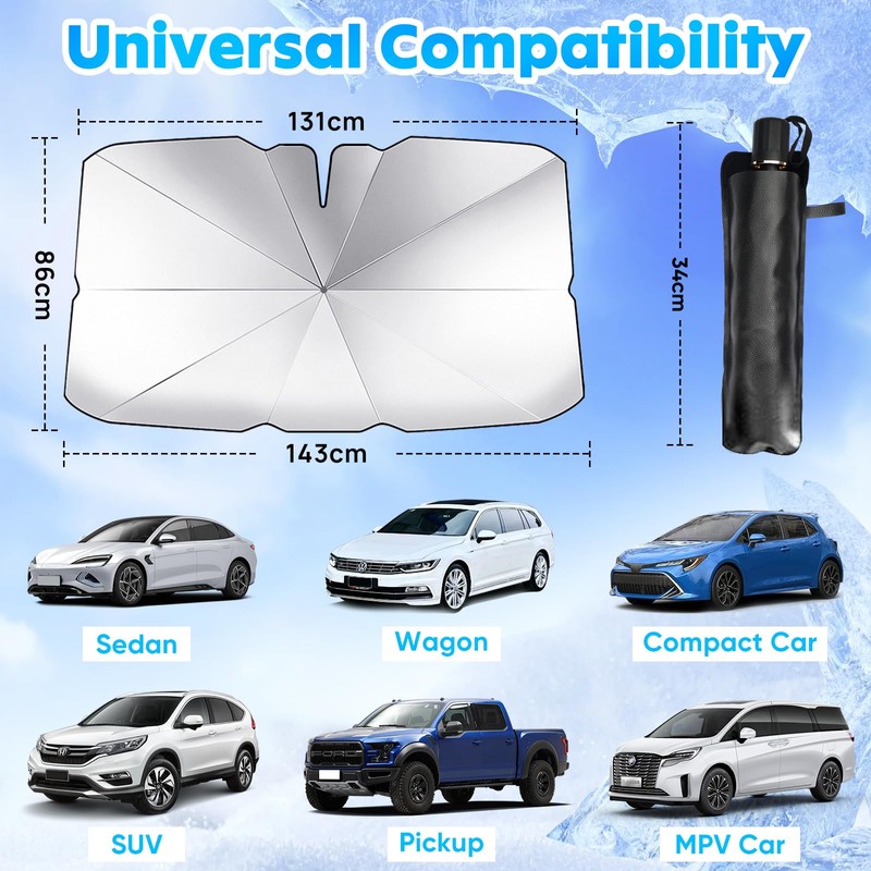 Sun Protection Car Windscreen 145 x 85 cm, 360° Rotatable,