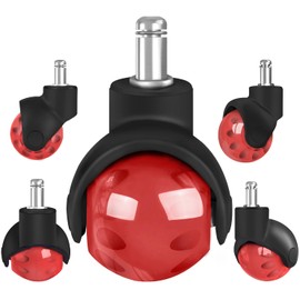 Office Chair Wheels Replacement 2 Inch Rubber Ball Caster Wheels for Wood Floor Carpet Mats, Set of 5, Heavy Duty Desk & Gaming Chair Casters 7/16" (11mm) Grip Ring Stem, Quiet Smooth Rolling (Red)