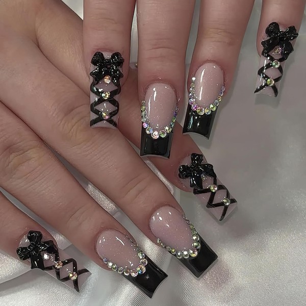ROFIBUT Black French Tip Press on Nails Medium Square Fake
