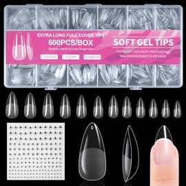 BUTBU Medium Almond Nail Tips, 600Pcs Soft Gel Full Cover Nail-Tips, Press on Fase Artificial Nails Tips, Clear Acrylic Nails Tips, 12 Sizes NAIL Extensions Kit for DIY Manicure Nail Art Salon