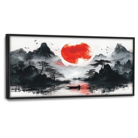 Large Wall Art for Living Room, Big Asian Mountains Wall Decor Watercolor Nature Landscape Canvas Red Sun Painting Home Decoration for Living Room Bedroom Office Framed 60"x30"