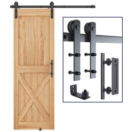 SMARTSTANDARD 5 FT Heavy Duty Sturdy Sliding Barn Door Hardware Kit, Black, (Whole Set Includes 1x Pull Handle Set & 1x Floor Guide) Fit 28''-30" Wide Door Panel (I Shape Hanger)
