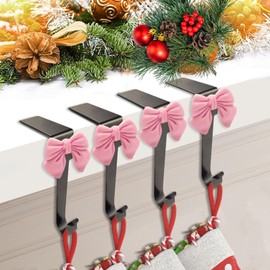 OVS4U Christmas Stocking Holder, Cute Pink Bow Coquette Non-Skid Fireplace Stocking Holders for Mantle, Stocking Garland Hooks Hangers for Xmas Home Party Decoration (Black/4 Pack)