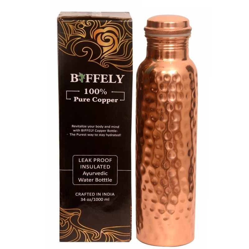 Copper Water Bottle 34OZ - 100% Handcrafted Solid Pure Hammered
