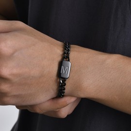 VNOX Black Initial Bracelet for Men - Mens Stainless Steel Cuban Link Chain Bracelet, Letter Custom n Initial Bracelets for Men,Birthday Christmas Gifts for Young Men Boyfriend