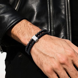 FLHEART Initial Black Leather Bracelet for Men, A-Z Letters Agate Stone Beaded Braided Leather Cuff Bracelets with Initial, Adjustable Wrist Bracelet for Mens Jewelry Gifts,7.5-8.3 Inches