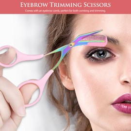 Kootinn Eyebrow Trimmer Scissors for Women Eyebrow Scissors with Comb Eyebrow Shaping Cut Comb Scissors Non Slip Finger Grips Hair Removal Beauty Accessories for Men Women (Black, Pink, Orchid)