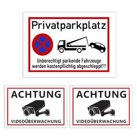 1 x Attention Video Surveillance Sign 15 x 20 cm & 2 Pieces Private Parking Parking Prohibited Sign 30 x 20 cm 0.45 mm Aluminium Alloy UV Protection Weatherproof