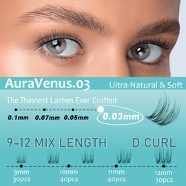 MSCICI AuraVenus.03 Short Lash Clusters 9-12mm D Curl Soft Invisible Lash Band DIY Daily Natural Look Eyelash Extensions Natural Makeup Wispy Lashes Individual Eyelashes Clusters Without Glue Tweezers
