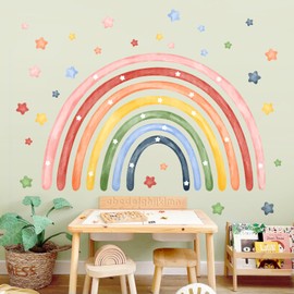 Tanlaby Large Rainbow Wall Stickers Watercolor Stars Wall Decals Peel and Stick Colorful Art Decor for Baby Nursery Girls Bedroom Kids Playroom Daycare Classroom (143 x 88 cm)