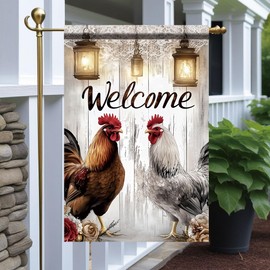Tomhong Welcome Rooster Garden Flag 12x18 Inch Double Sided Outdoor Yard Banner Farmhouse Chicken Lantern Rustic Wood Design Country Home Decoration for Porch Patio Lawn Garden Decor