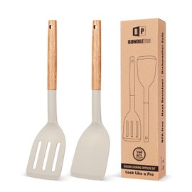 Pack of 2 Silicone Cooking Spatula, Heat Resistant Solid Turner, Non Stick Slotted Spatulas with Wooden Short Handle,Ideal Wood Kitchen Utensils Set for Frying, Baking, Flipping, Turning