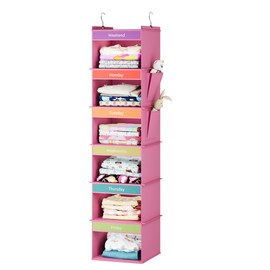 YOUDENOVA 6-Shelf Weekly Hanging Closet Organizer, Weekly Clothes Organizers for Kids with 2 Side Pockets, Pink