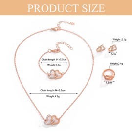 FDEETY Jewellery Set Women's Double Heart Crystal Pendant Necklace Stud Earrings Bracelet Rings Jewellery Set Bridal Jewellery Gifts for Girls Wedding Engagement Party, No Gemstone