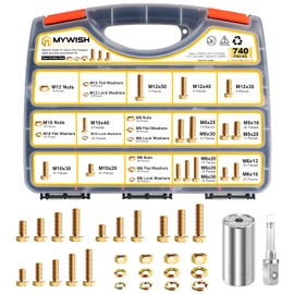 740Pcs M6 M8 M10 M12 Metric Bolts and Nuts Kit, M6x1.0 Bolt, M8x1.25 Bolt, M10x1.5 Bolt, Grade 8.8 Heavy Duty Nuts and Bolts Assortment Kit, Flat & Lock Washers, Yellow Zinc Plated Coating Mywish