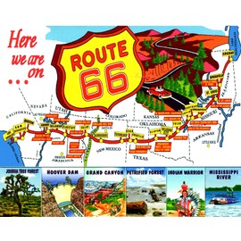 ROUTE 66 ATTRACTIONS  MAP Vintage Illustration Giclee High Res 8 x 10 Print