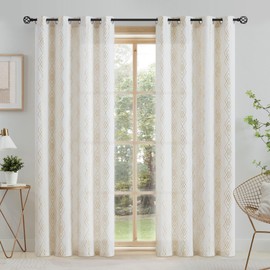 ugoutry Linen Boho Curtains for Bedroom,96 Inches Long Curtains Gold Foil Metallic Stripe Print Panels for Living Room, Moroccan Beige Light Filtering Window Treatment Curtain 2 Panels Grommet Top