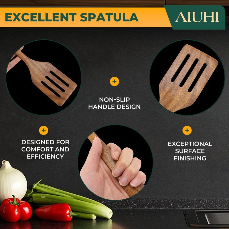 AIUHI Teak Wood Spatula for Cooking, Durable Flat Turner and