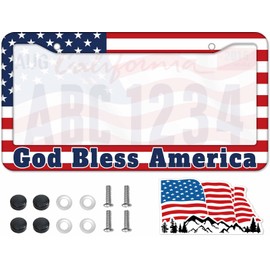 1PCS God Bless America & American Flag License Plate Frame Holder - USA Stars and Stripes Auto Universal Aluminum Matte Car Tag Holder Covers with Sticker & Screws for Men