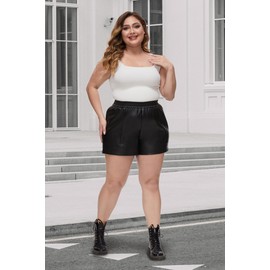 Fahsyee Plus Size Black Shorts - Faux Elastic High Waisted Leather Short for Women PU Pleather Casual with Pockets 3X