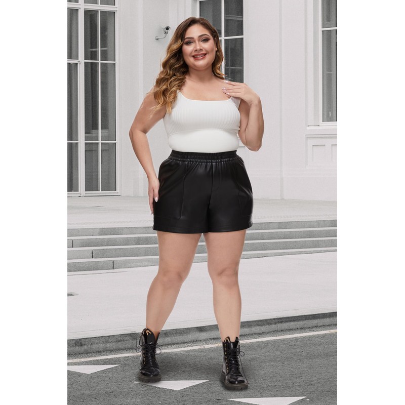 Fahsyee Plus Size Black Shorts - Faux Elastic High Waisted