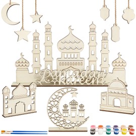 BOFUNX Pack of 10 Ramadan Table Decorations for Crafts and Painting, Wooden Mosques, Stand, Ramadan, Moon, Stars, Pendants, Ramadan Kareem Decoration for Ramadan Eid Mubarak Decorations