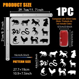 FINGERINSPIRE Twelve Chinese Zodiac Signs Stencils Animal Silhouette Stencils with Brush 29.7x21cm Reusable Rat Ox Tiger Dragon Stencil Snake Horse Template Oriental Theme Template for Wood Wall