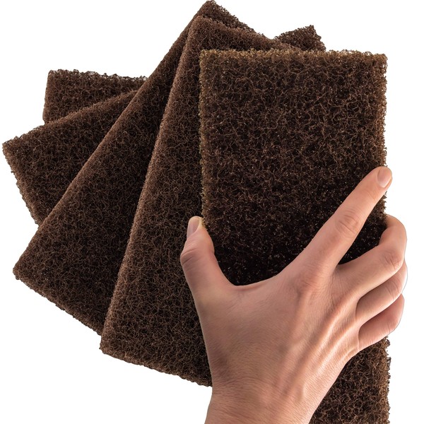 Heavy Duty XL Brown Scouring Pad 5 Pack. 10 x 4.5in Large Multipurpose Nylon Scrubbing Sponges. Clean Bathrooms, Kitchens, Counters and Floors to Erase Grime and Make Surfaces Sparkle
