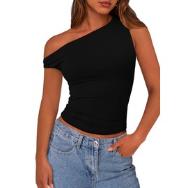 PRETTYGARDEN Women's Off The Shoulder Tops 2025 Summer Crop Top Trendy Casual Fitted Cute Going Out Tshirts Shirts (Black,Large)