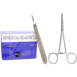 MuskalMed 100 Sterile Carbon Steel Blades #12 with Free Scalpel Handle #3 Graduated and Blade Remover Hemostat