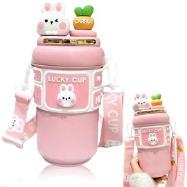 Kawaii Water Bottle, 19oz Stainless Steel Water Insulation Bottle with Straw & Adjustable Strap, Cute Rabbit Leak-Proof Bottles for Girls Sports Camping Travel (Pink) Kawaii