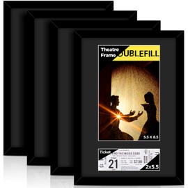 DoubleFill 4 Pcs Theatre Bill Frame Display Frame with Mat Holds 5.5 x 8.5 Inch Media Plus Ticket with Easel Stand and Hanger for Gallery Poster Wall or Tabletop Display (Black)